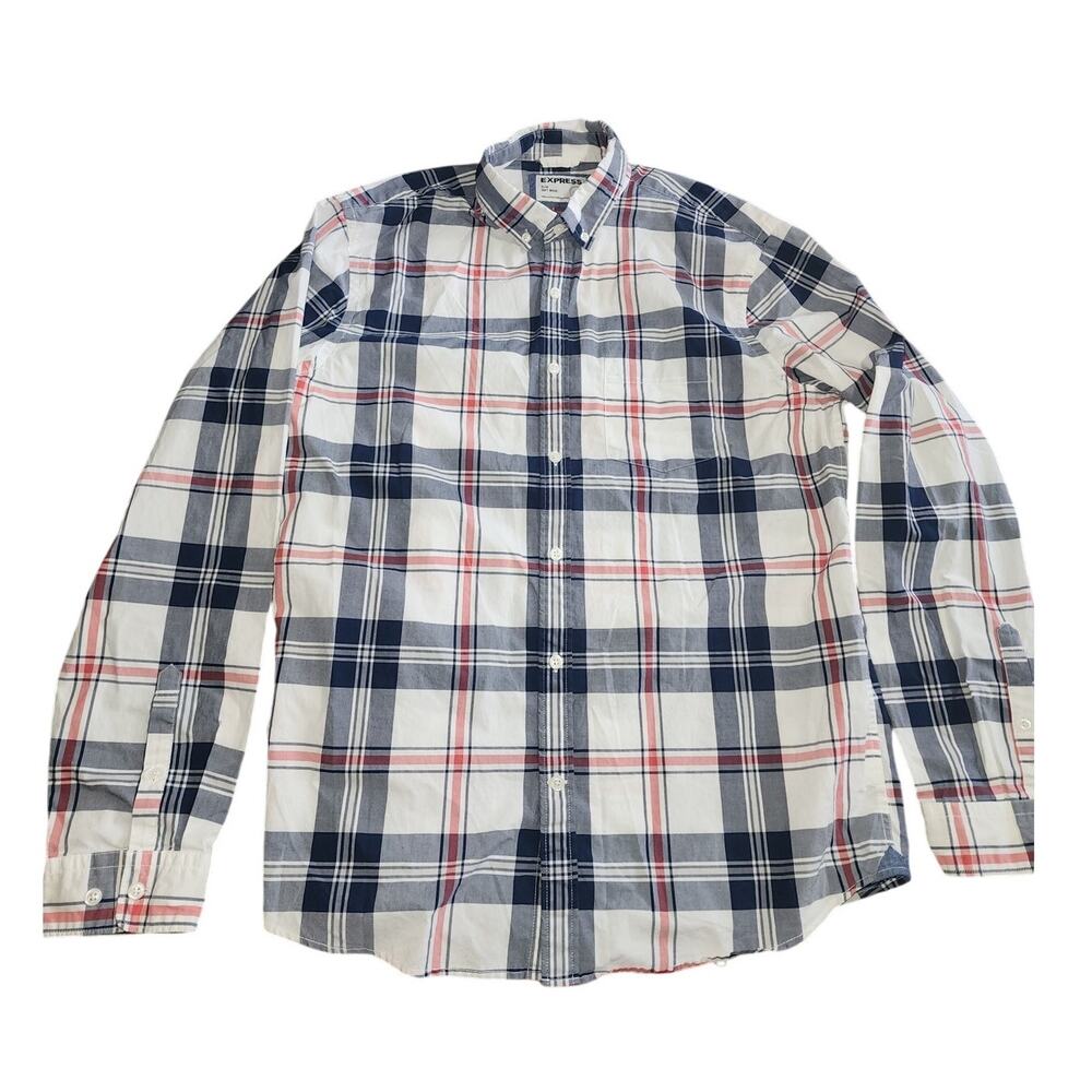 Express Men's Slim Soft Wash Striped Plaid Button Down Shirt Size Large